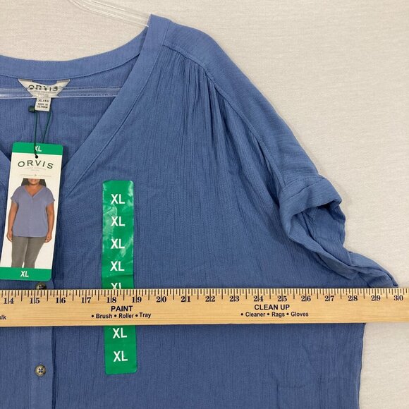 New Orvis Blue V Neck Gauzy Cotton Short Sleeve Relaxed Button Down XL - Picture 6 of 9